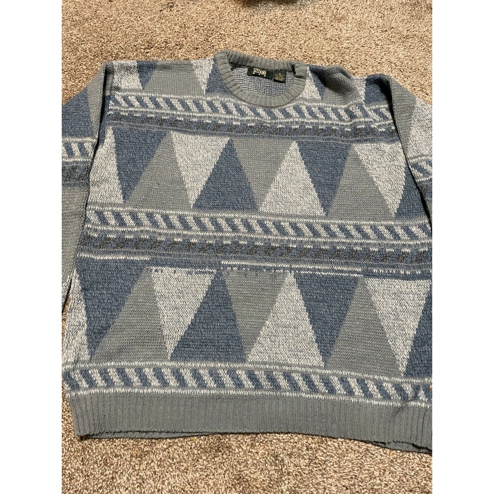 Stefano Man Vintage 90s Geometric Triangle Knit Sweater Mens XL Blue Grey Korea